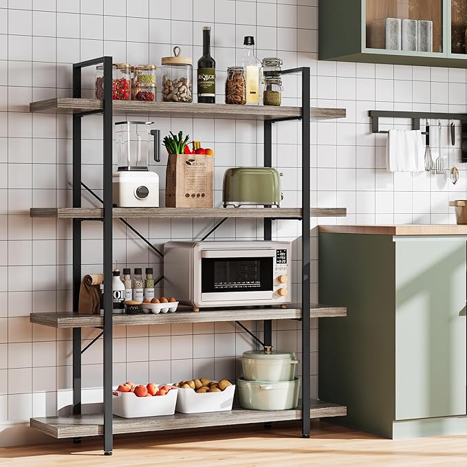 Bookshelf Set of 2, Heavy Duty 4-Tier Industrial Bookcase, 47" Wide Wood Bookshelf for Home Office, 120lbs Shelf Capacity, Rustic Display with Horizontal Shelf for Living Room Bedroom,Grey