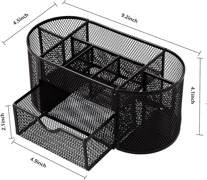 Comix Mesh Pen Pencil Holder Desk Organizer, 8 Compartment and 1 Drawer Wire Desktop Pen Pencil Cup Caddy Office Supplies Accessories for Home Office School, Black