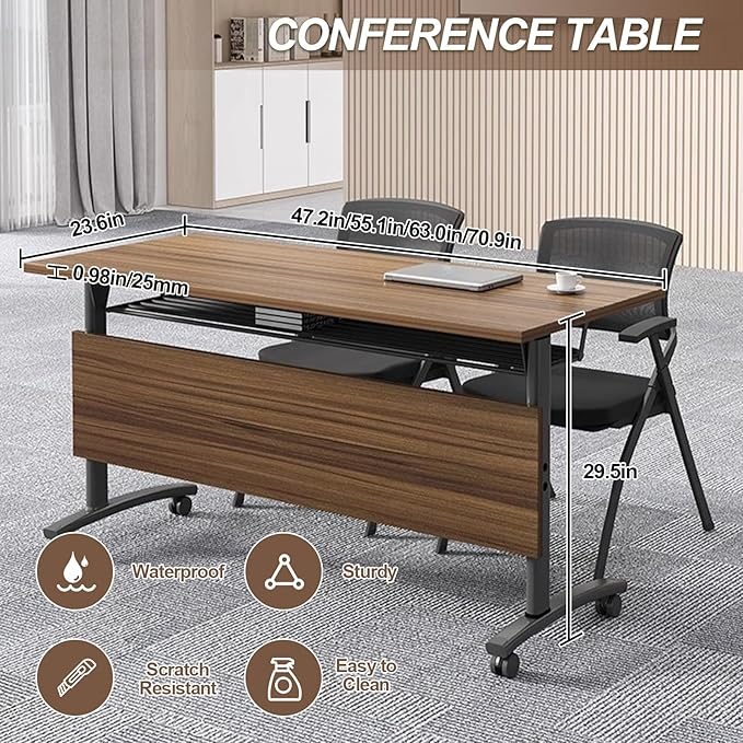 Folding Conference Room Table, Modern Conference Tables with Wheels, Large Rectangular Mobile Training Tables for Office Classroom, Foldable Modular Boardroom Seminar Table Walnut (10pack L55.1in)