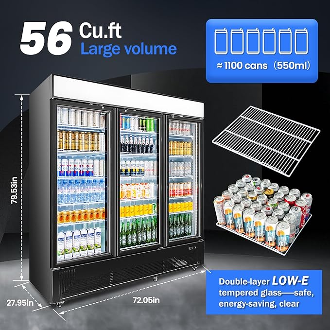 Commercial Beverage Refrigerator with 3 Glass Doors 56 Cu.ft Display Merchandiser Cooler Bar Black Drink Fridge for Convenience Stores, Supermarkets,Bars,Offices