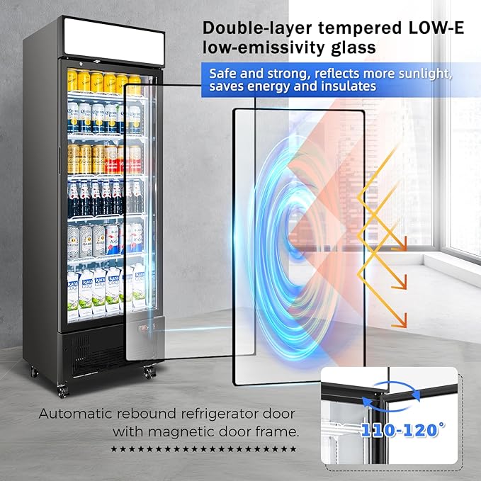 Commercial Display Refrigerator with Glass Door 12 Cu.ft Merchandiser Beverage Cooler Bar Black Drink Fridge for Convenience Stores, Supermarkets,Bars,Offices