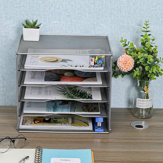 EasyPAG 5-Tier Mesh Desk File Organizer with Metal Frame, Screw-Free Assembly, Space Saving Letter Tray for Office/Home/School - A4 & Letter Size Paper Sorter, Silver