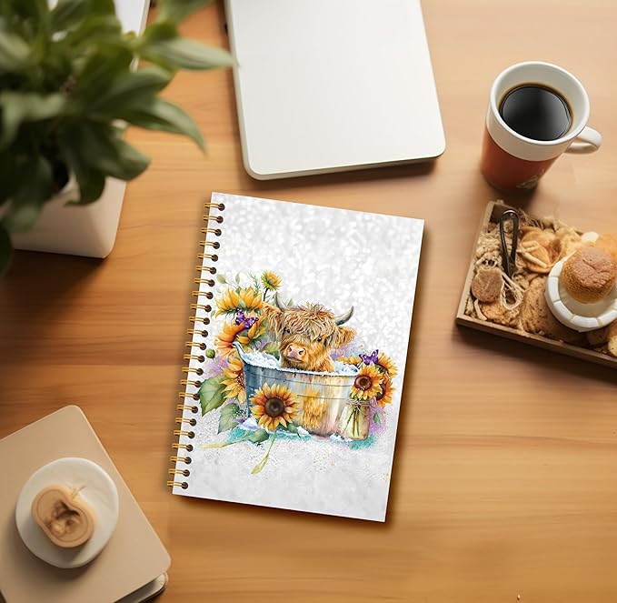 Highland Cow Notebook Journal - Sunflower Notebook, Summer Sunflower Journal Notebook 5.5×8.3, Highland Cow Gifts, Cow Gifts for Women, 164 Pages