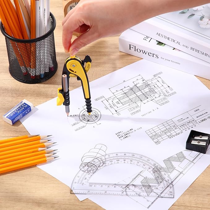 EBOOT Student Geometry Math Set, Drawing Compass and 6 Inch Clear Swing Arm Protractors 180 Degree Math Protractor (Yellow)