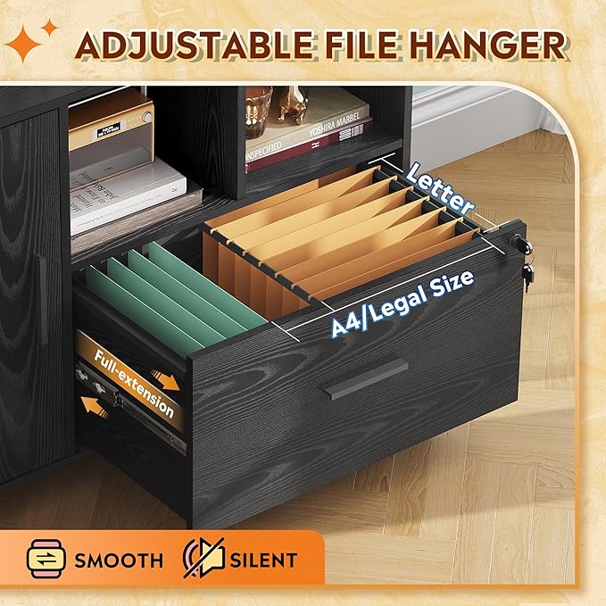 DEVAISE Office File Cabinet with Lock, 1-Drawer Wood Lateral Filing Cabinet on Wheels, Printer Stand with Open Storage Shelves for Home Office, Black