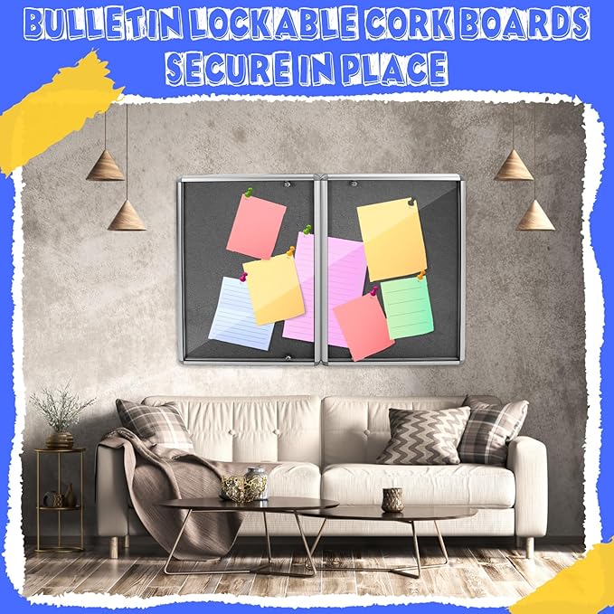 Enclosed Bulletin Board 48" x 36" Weather Resistant Lockable Notice Cork Display Board Wall Mounted 2 Locking Door for School Classroom Commercial Back to School, 12 x A4(Black, Silver Frame)