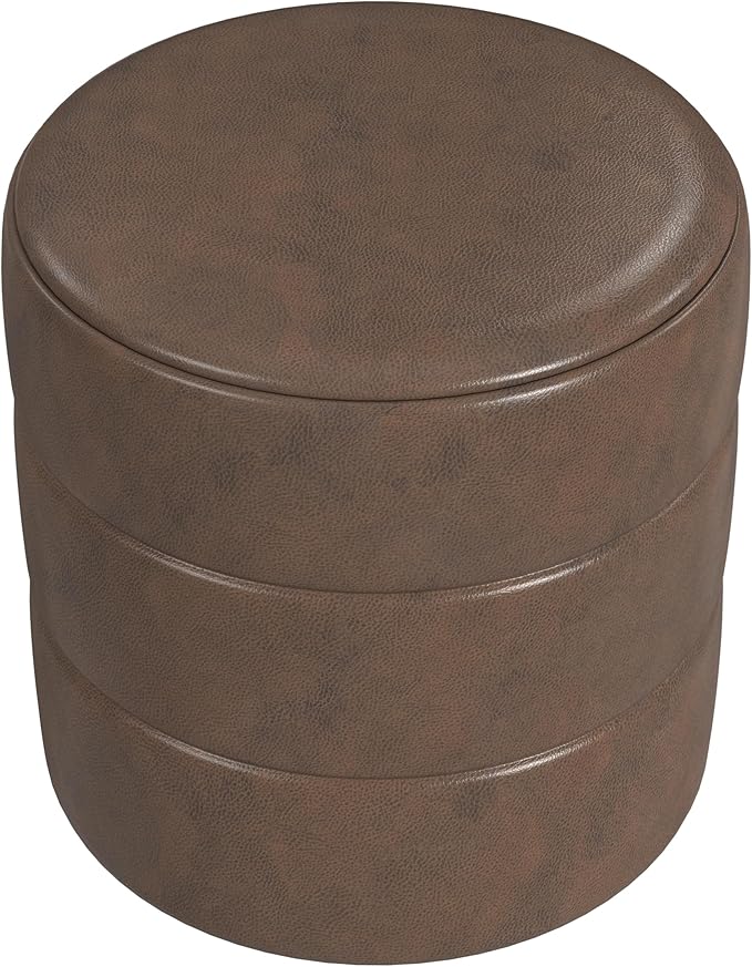 HomePop Upholstered Faux Leather Round Ottoman Home Décor|Foot Rest Ottoman- Brown Faux Leather