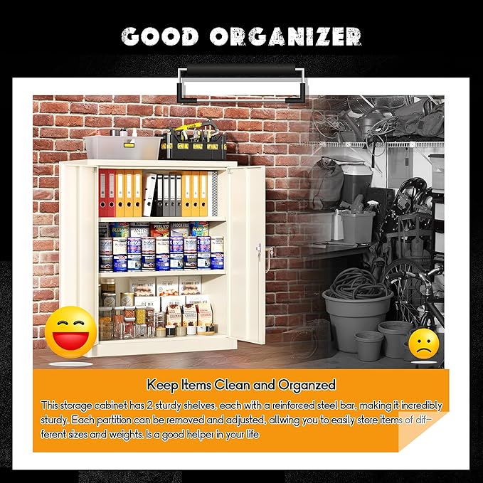 Greenvelly Metal Garage Storage Cabinet, Lockable Metal Cabinets with 2 Doors and Shelves,36”Steel Storage Locking Counter Cabinet for Office,Garage,Kitchen,Home,School(Grey)