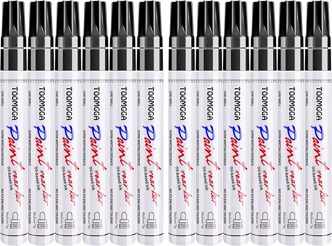 Black Paint Pens Permanent Paint Markers - 12 Pack Oil Based Marking Pens, Medium Point, Quick Drying and Waterproof for Rock Painting Car Tyre Metal, Plastic, Canvas, Wood