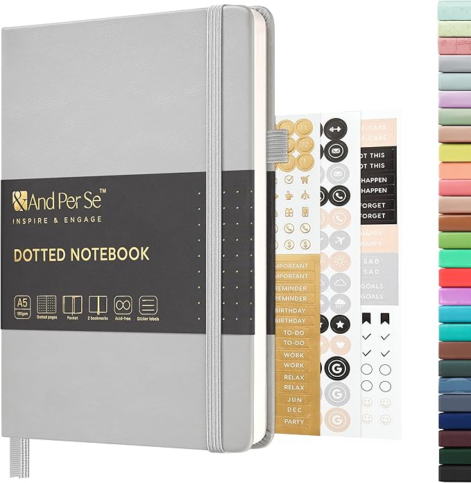 &And Per Se Dotted Journal Notebook, A5 Hardcover Leather Bullet Dotted Journal, 160 Pages 100 gsm Thick Dotted Paper，3 Sheets of Stickers Included - 5.7'' x 8''（Grey）