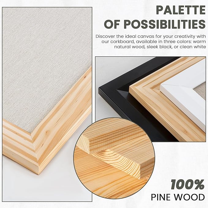 Bulletin Board Cork Board with Linen, 100% Wood Framed 24" x 36" Bulletin Board Decorations, Pin Boards for Walls, Wall Mounted Fabric Picture Board with 10 Pushpins for School, Home & Office, Natural