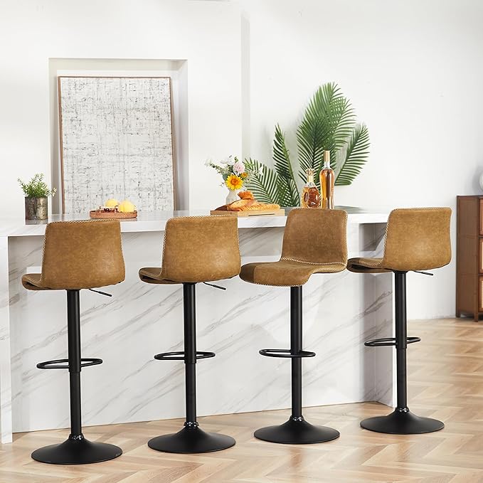 HeuGah Bar Stools Set of 3, Swivel Counter Height Barstools with Back, Adjustable Height 24" to 32", Whiskey Brown Faux Leather Bar Chairs for Kitchen Island (Whiskey Brown, Set of 3 (24'' to 32''))