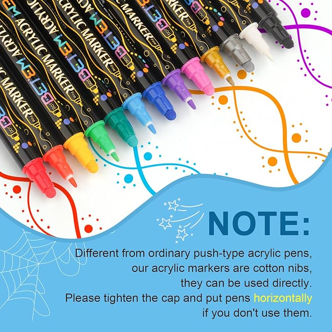 Betem 24 Colors Dual Tip Acrylic Paint Pens Markers, Premium Acrylic Paint Pens for Wood, Canvas, Stone, Rock Painting, Glass, Ceramic Surfaces, DIY Crafts Making Art Supplies