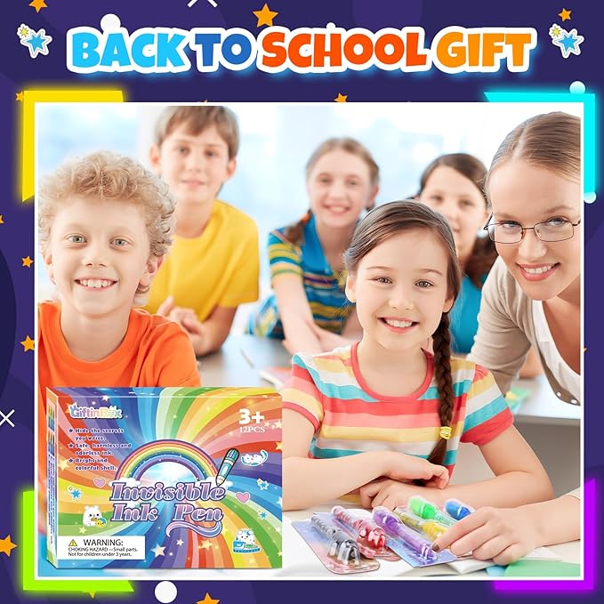 GIFTINBOX Invisible Ink Pen with UV Light for Kids, 24PCS Spy Pen Party Favors for Kids 8-12, Magic Marker for Secret Message, School Supplies Birthday Goody Bag Stuffers for Boys Girls