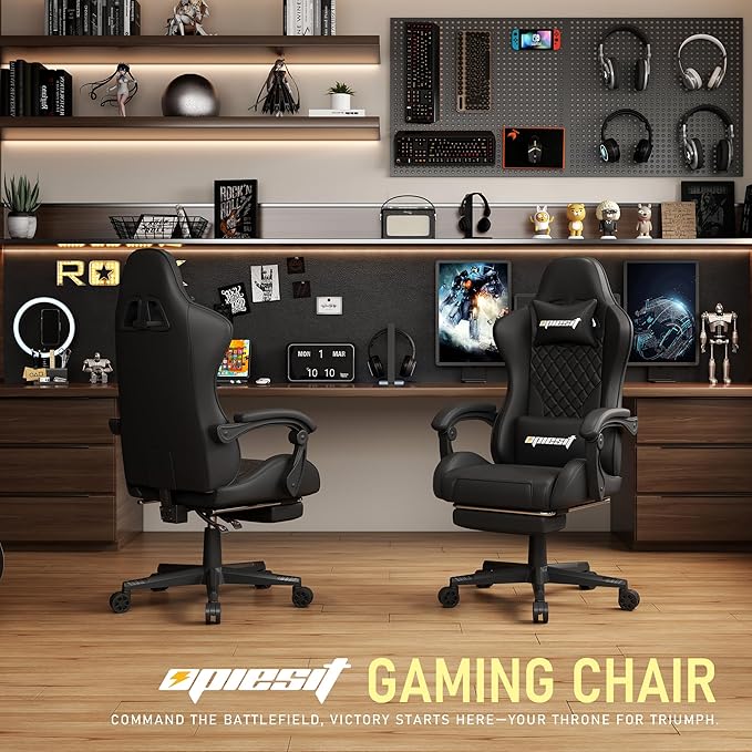 Gaming Chair,Ergonomic Computer Chairs for Adults with Footrest, PU Leather Office Chair with Adjustable Lumbar Support & Pocket Spring Cushion - Heavy Duty 400lb Capacity Gamer Chair(Black)