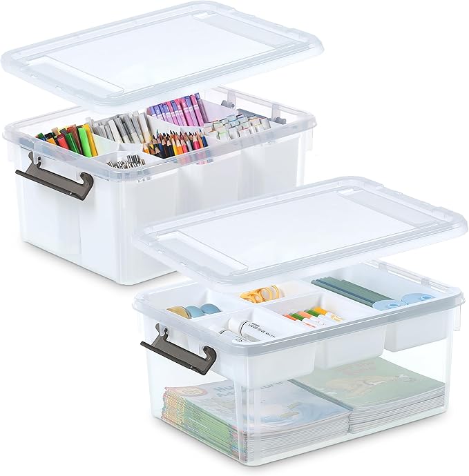 Citylife 17 QT Plastic Storage Box with Removable Tray and 6 Detachable Tall Inserts Craft Organizers and Storage Clear Storage Container for Organizing Crayon, Craft, Sewing, Playdoh, 2 Packs