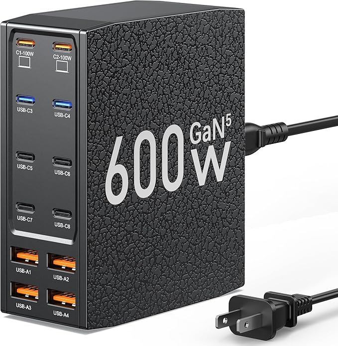 Charging Station (600W),12-Port USB C Charger Block with Dual 100W PD USB-C Fast Charging Station Hub for MacBook Pro/Air/All iPad iPhone 17/16 15/14/13/Pro Max/Samsung Galaxy Note (Black)