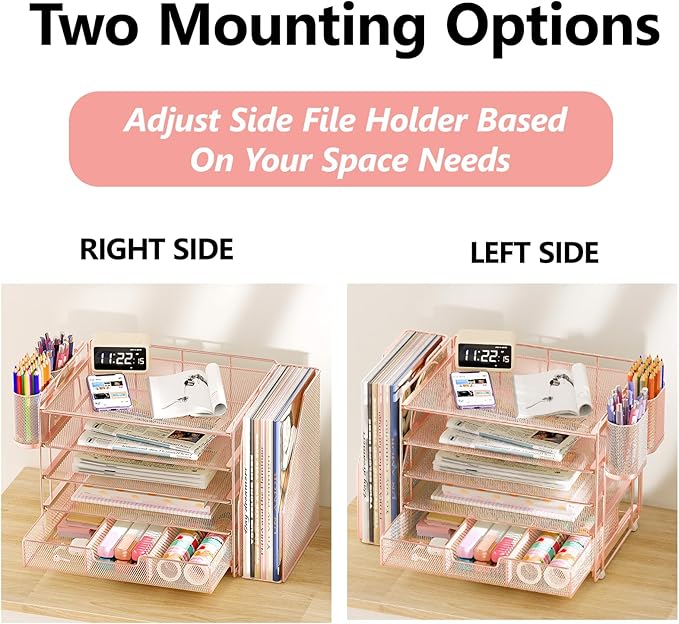 Desk Organizers and Accessories, 5-Tier Paper File Organizer with Drawer & Pen Holder, Office Desk Accessories Workspace Desktop Organizer for Office Supplies (Rose Gold)