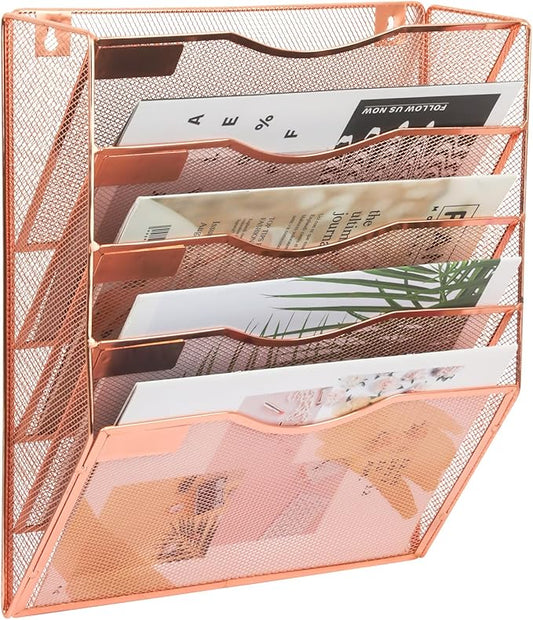 EASEPRES 5 Pocket Mesh Hanging Wall File Organizer, Wall Mounted Mail Paper Document Folder Holder, Clipboard Storage Organization Magazine Rack with Nametag Label for Office Home School, Rose Gold