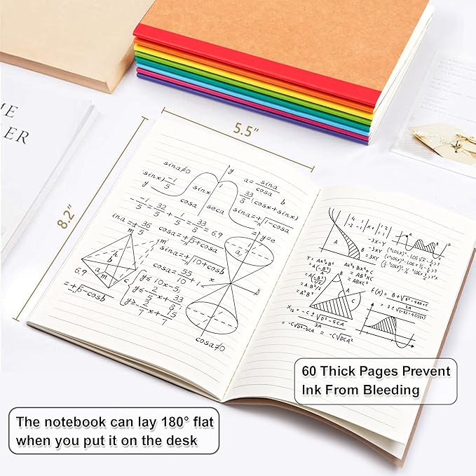 feela 8 Pack Composition Notebooks Bulk, Kraft Cover Lined Blank College Ruled Composition Travel Journals with Rainbow Spines For Women Students Business, 60 Pages, 8.3”x 5.5”, A5, 8 Colors