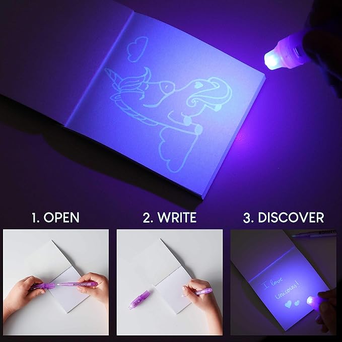 BONNYCO Invisible Ink Pen and Notebook Pack 16 Unicorn Party Favors for Kids, Magic Spy Pen Goodie Bags Stuffers for Kids, Unicorn Birthday Party Supplies, Goody Bag Stuffers | Return Gifts Prizes