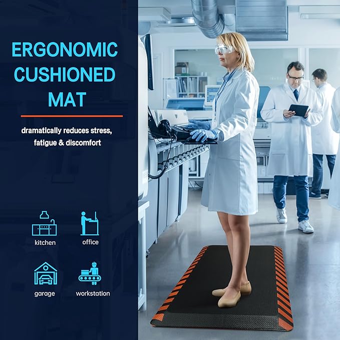 FEATOL Anti Fatigue Mat Industrial, Ergonomic Standing Floor Mat for Work for Stand, Black with Orange Border Safety 20" x 59"-Support for Leg & Back Pain