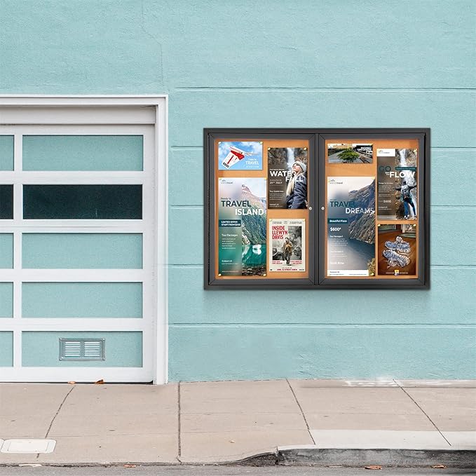 Enclosed Bulletin Board Outdoor Noticeboard with Locking Door, Weather-Resistant, Cork, Black Aluminum Frame, 48 x 34 in