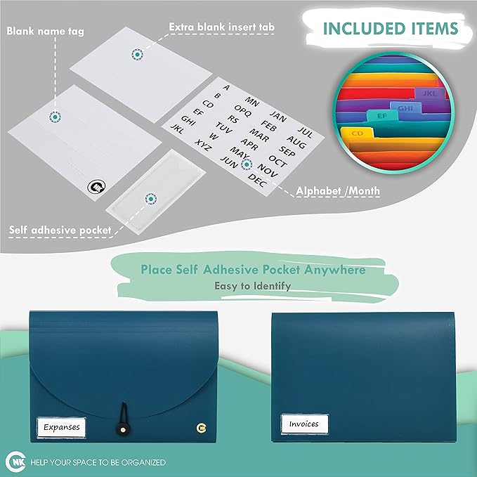 CNK File Folders Organizer with 13 Pockets Accordion Expanding Folder For Documents Receipt Document Paper Pocket Filing Products Accordian Important expandable holder files alphabetical Labels Letter