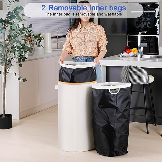 Efluky Recycling Bin 100L, 26 Gallon, Beige, D-Shaped, Oxford Fabric, 17.32"L x 12.9"W x 11.46"H, 2 Removable Inner Bags, Lightweight, Open-Top, Cycling, Kitchen