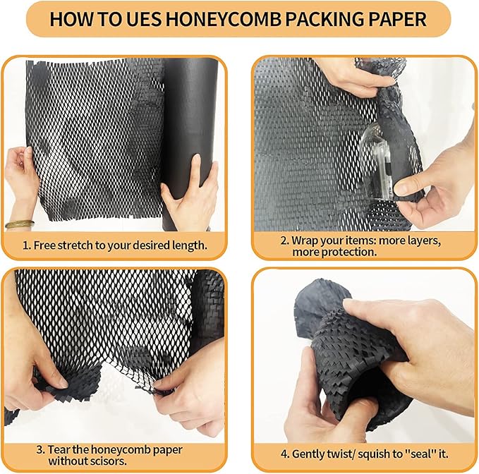 Honeycomb Packing Paper, HONSREO 15 Inches x 230 Feet Eco Friendly Recyclable Cushioning Material, Bubble Wrap for Moving Shipping Breakable Supplies with 20 Fragile Sticker Lables (Black)