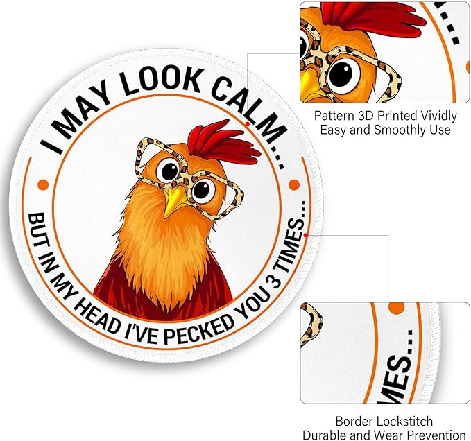 Funny Chicken Mouse Pad, Small Round Rooster Mouse Pads for Desk, Mini Travel Mousepad for Work Wireless Computer Laptop, Office Desk Accessories, 8.6 x 8.6 inch