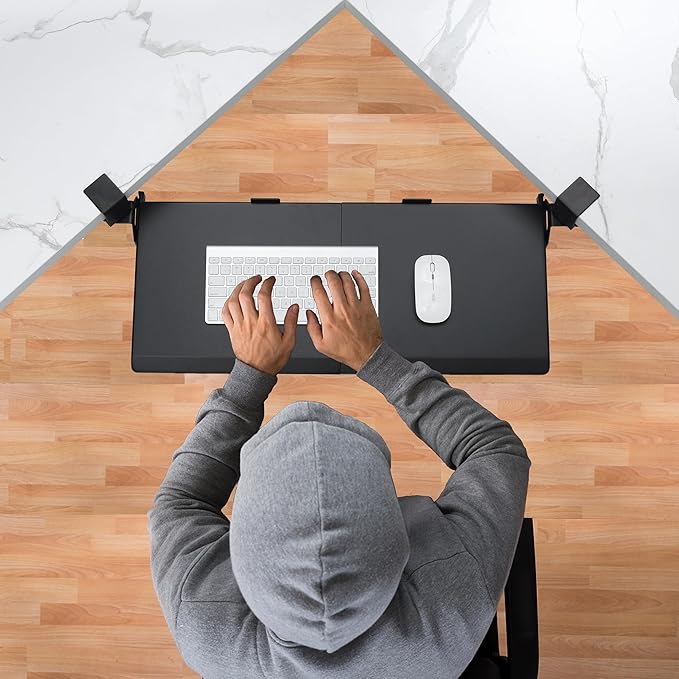 ETHU Keyboard Tray Under Desk, Ergonomic Corner Keyboard Tray with 180° Adjustable C Clamp for L Shape Desk 26.77" X 12.2" Easy to Install, Computer Keyboard Stand for Home and Office(Black)