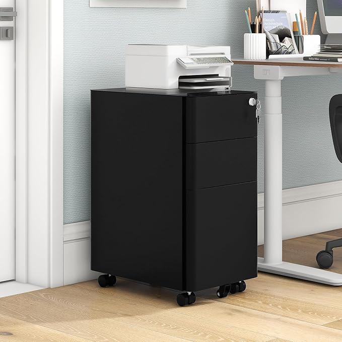 DWVO 3-Drawer Vertical File Cabinet, Mobile Filing Cabinet with Lockable, Pre-Assembled Compact Slim File Cabinet, Portable Office Storage for A4/Letter/Legal Documents (Black)