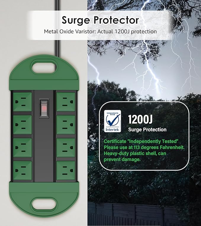 CCCEI Outdoor Power Strip Weatherproof with 8 Plug, Waterproof Extension Cord with Multiple Outlets, Christmas Exterior Garden Yard Surge Protector 10FT, Green.