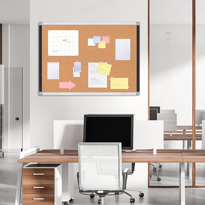 Board2by Cork Board Bulletin Board 24" x 36", Black/Silver Aluminium Framed Corkboard, Office Board for Wall Decor, Large Wall Mounted Notice Pin Board with 18 Push Pins for School, Home & Office
