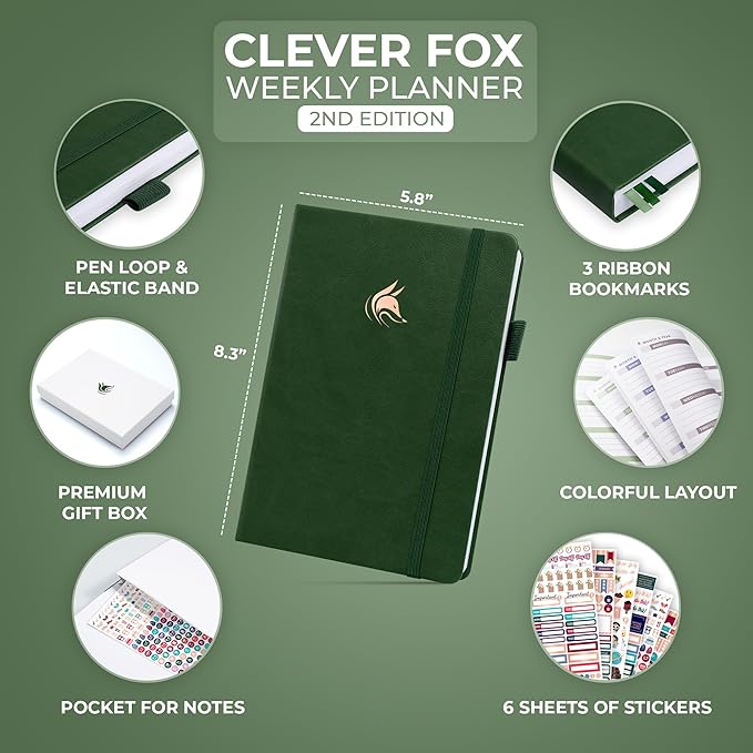 Clever Fox Planner 2nd Edition – Colorful Weekly & Monthly Goal Planner, Time Management & Productivity Organizer, Undated, A5 (Forest Green)