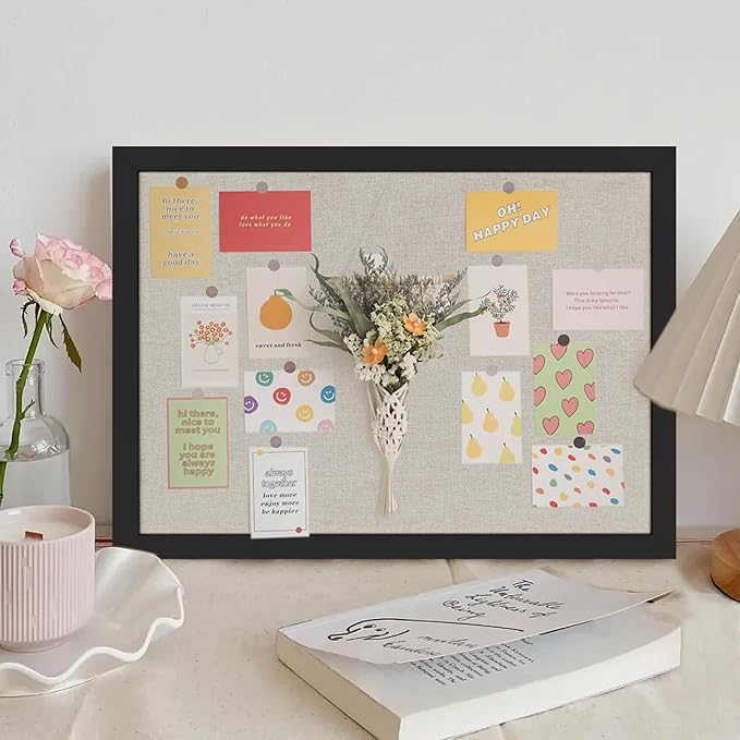 Cork Board Bulletin Board 16.7" x 11", 2-Pack Small Linen Corkboards with Frame for Walls, Cute Picture Display Pin Board Vision Board for Room School Office Bedroom 25 Pushpins Vintage Black