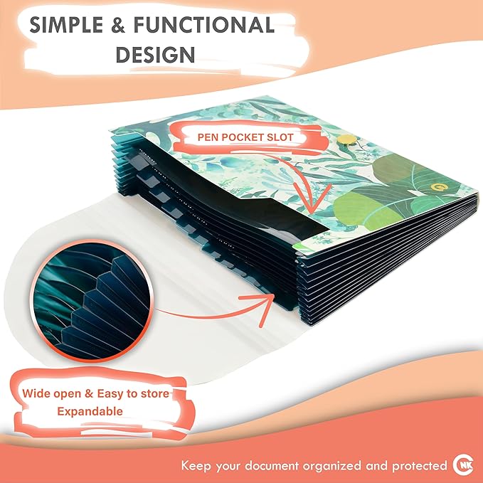 CNK File Folders Organizer with 13 Pockets Accordion Expanding Folder Documents Receipt Document Paper Pocket Filing Accordian Important expandable holder files alphabetical Labels Letter