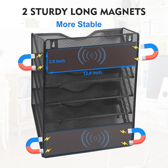 EASEPRES Magnetic 5 Pocket Mesh Hanging File Organizer, Wall Mounted Mail Paper Document Folder Holder, Clipboard Storage Organization Magazine Rack with Nametag Label for Office Home School, Black