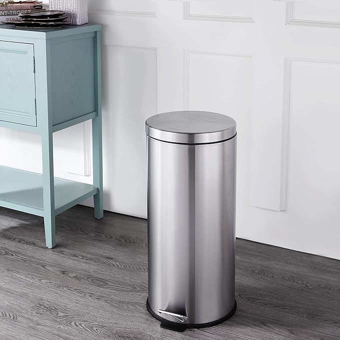 happimess HPM1000A Oscar 8-Gallon Step-Open Trash Can with Free Mini Trash Can, Modern, Fingerprint Proof for Home, Kitchen, Office, Large:7.9 Gallon Small:1.3 Gallon, Stainless Steel