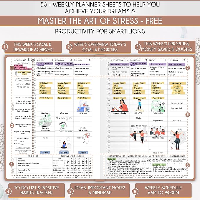 Hourly Planner - Undated Daily, Weekly & Monthly Planner with Budget Section | A 12 Month Journey to Increase Productivity & Happiness | Life Organizer & Gratitude Journal - Vertical Format