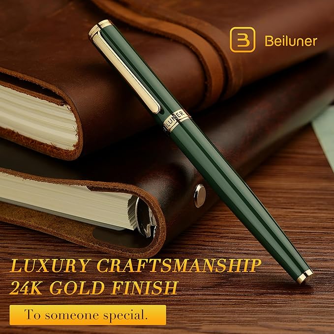 BEILUNER British Racing Green Fountain Pen,Stunning Luxury Pens with 24K Gold Accents, Gorgeous 24K Gilded Nib(Medium), Ink Converter, Pen Gift for Men&Women-Elegant, Reliable,Fancy for Writing