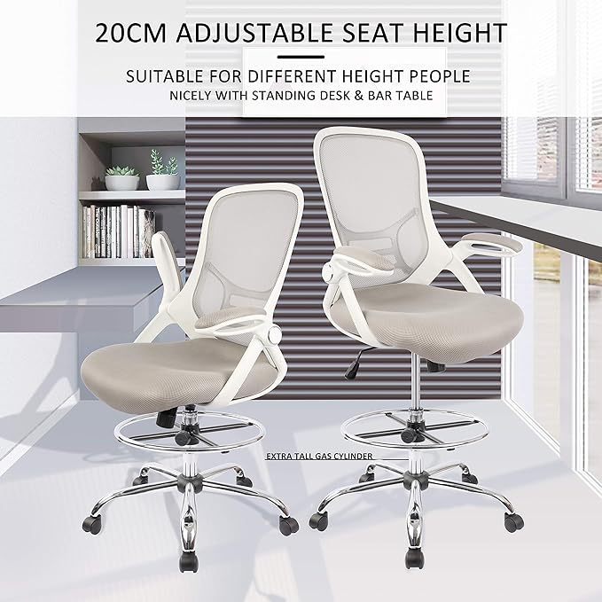HYLONE Drafting Chair, Tall Office Chair Standing Desk Stool with Adjustable Foot Ring, Flip-Up Arms, Mesh High-Back Drafting Table Chair, White & Grey