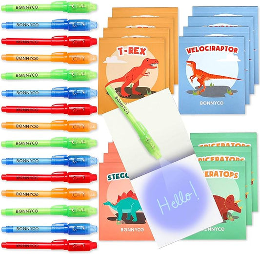 BONNYCO Invisible Ink Pen and Notebook Pack 16 Dinosaur Party Favors for Kids, Magic Spy Pen Goodie Bags Stuffers for Kids, Dinosaur Birthday Party Supplies, Goody Bag Stuffers Return Gifts Prizes