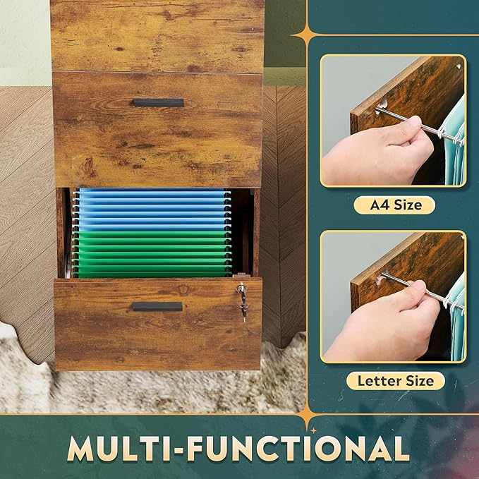 DEVAISE 4 Drawer File Cabinet with Lock, Vertical Filing Cabinet for A4/Letter Size Files, Wood Storage Organizer for Home Office, Rustic Brown