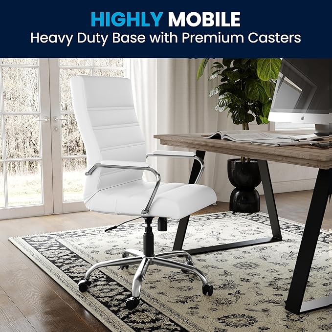 Flash Furniture Whitney High-Back Swivel LeatherSoft Desk Chair with Padded Seat and Armrests, Adjustable Height Padded Office Chair, White/Chrome