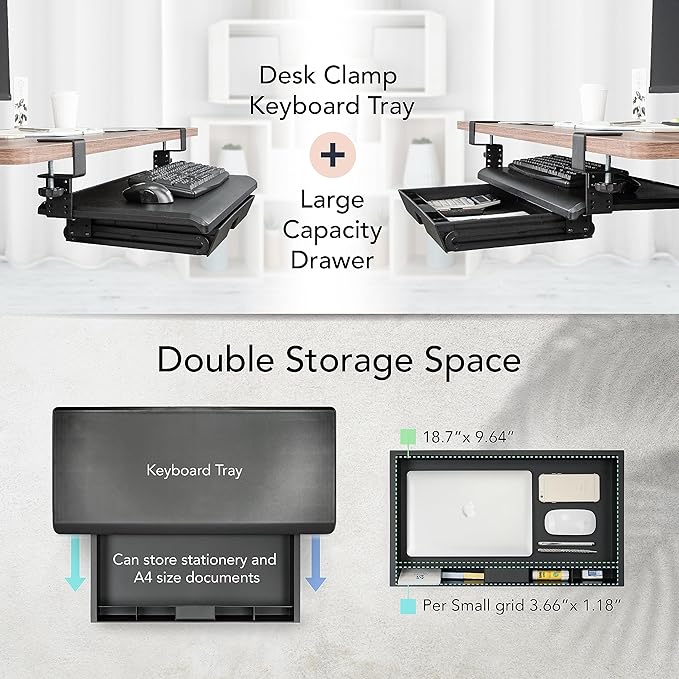 EHO Keyboard Tray with Drawer - Clamp On Under Desk Pull Out Extender Table Attachment Platform with Storage Organizer, Large 27.5" (31.8" Including Clamps) x 12.2", Height Adjustable for Home Office