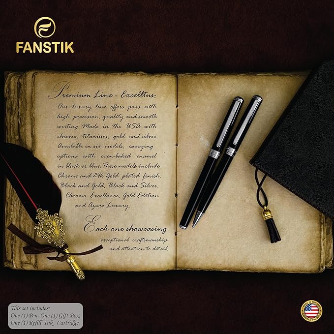 Black & Silver Luxury Rollerball pen (Made In USA) fancy gift set for women, Chrome Finish, Professional executive pen gift set for men (Lux Rollerball Black-Silver)