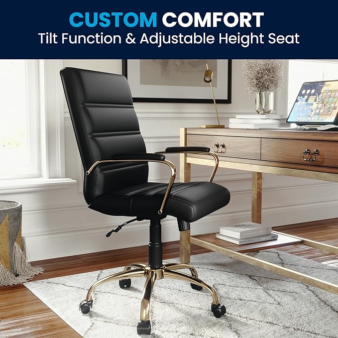 Flash Furniture Whitney Mid-Back Swivel LeatherSoft Desk Chair with Wheels, Padded Seat and Armrests, Adjustable Height Padded Office Chair, Black