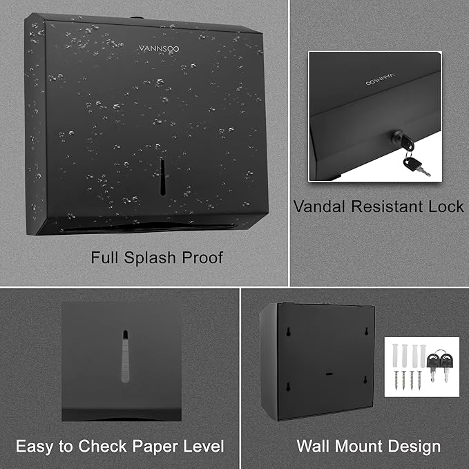 Commercial Paper Towel Dispenser Wall Mount, Tri-fold/Multi-fold/C-Fold Stainless Steel Paper Towel Holder Hand Towel Dispenser with Key (Black)